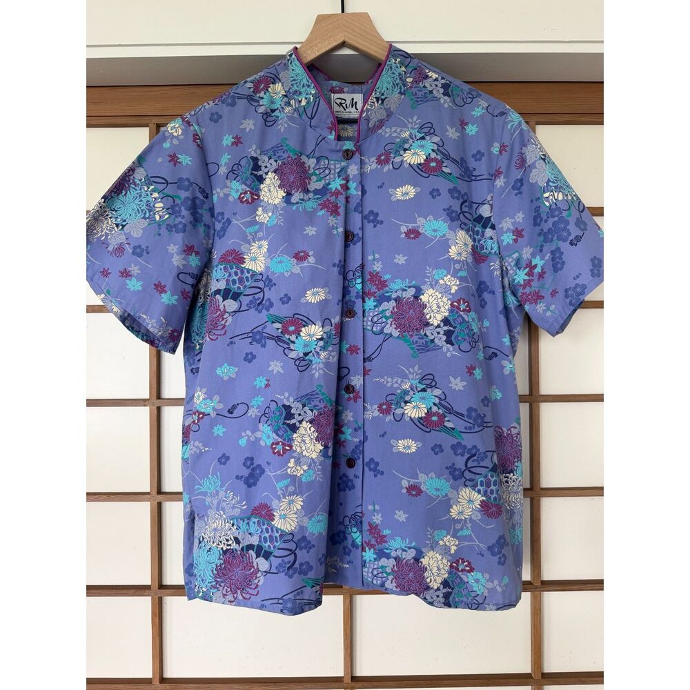 Vintage RM Made in Hawaii Blue Japanese Floral Mandarin Aloha Shirt